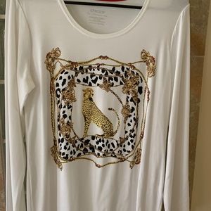 Women Chico’s Ultimate Tee White with Gold Cheetah Size 1
